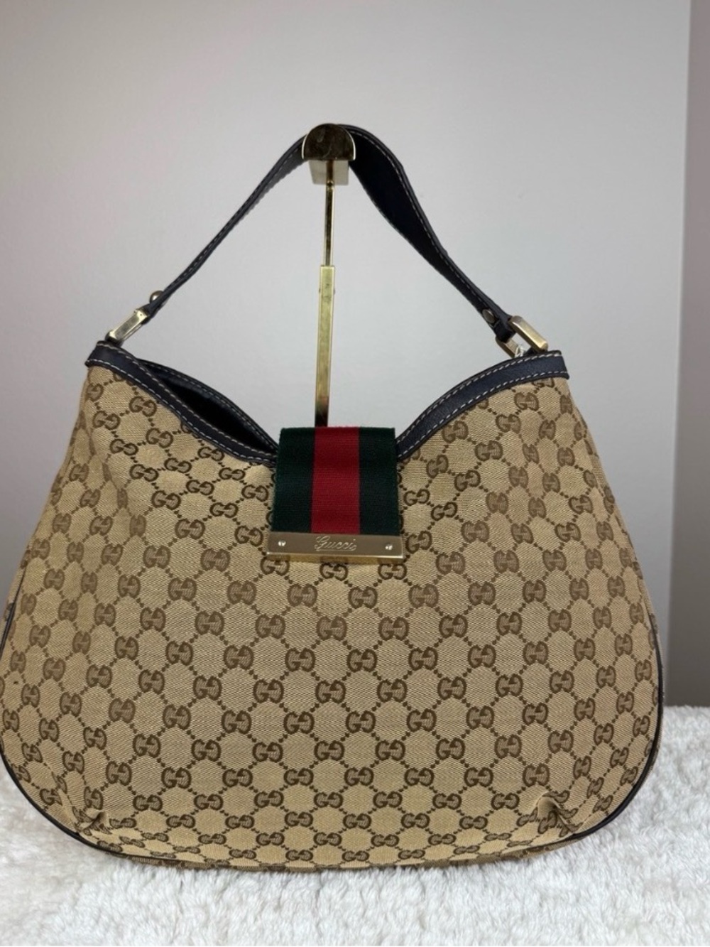 Gucci Beige GG Canvas Hobo with Green-Red Web and Brown Trim